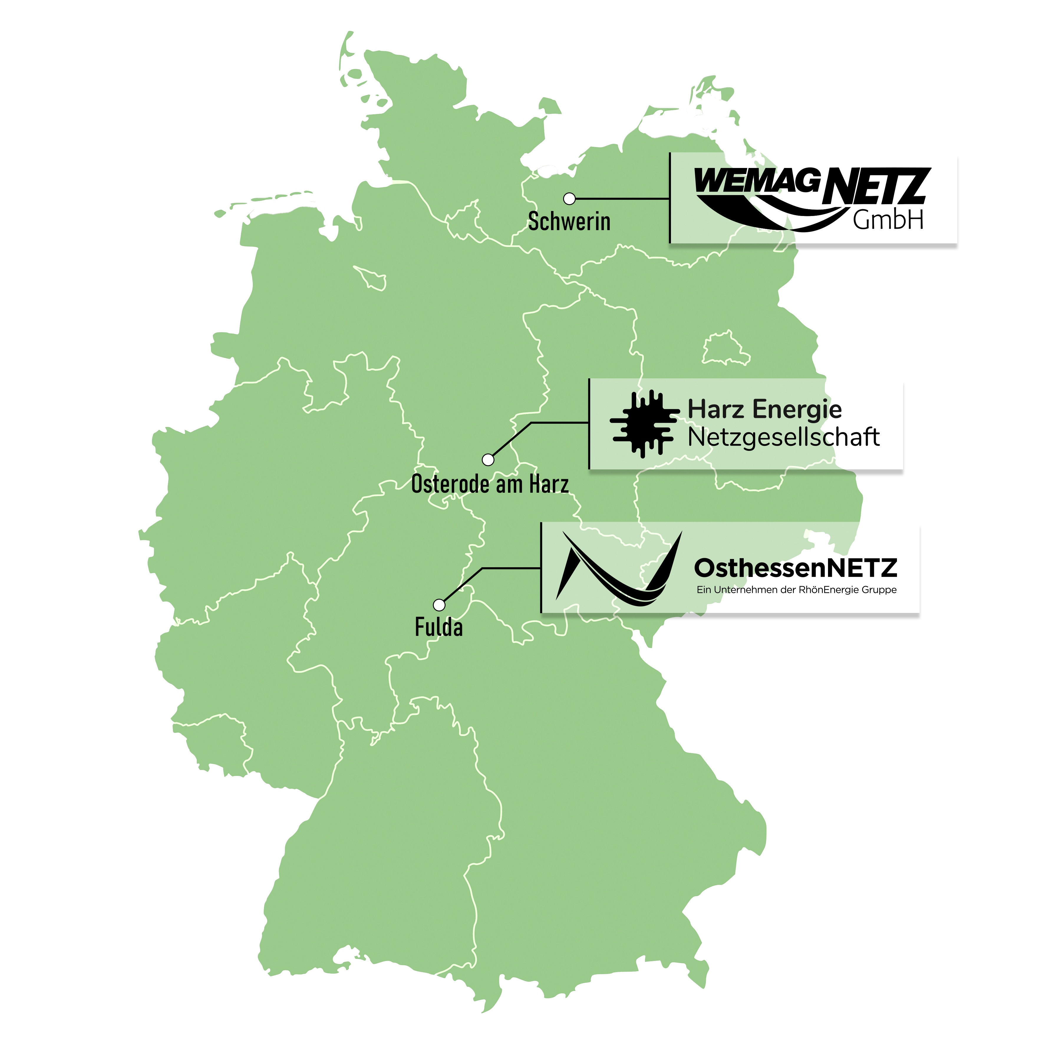 Karte von Deutschland mit Standorten und Logos von WEMAGNETZ, Harz Energie und OsthessenNETZ.