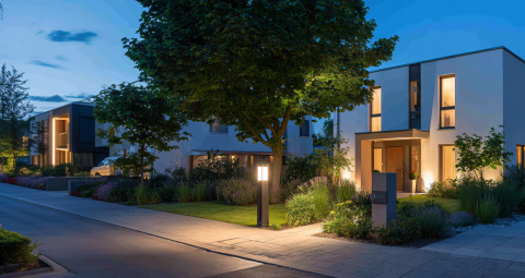 Moderne Wohnhäuser mit Gartenbeleuchtung und Bäumen in einer ruhigen Straße bei Nacht.