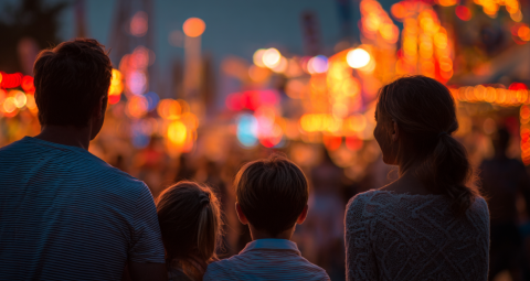 Familie blickt auf ein bunt erleuchtetes Fest mit zahlreichen Lichtern und Menschen im Hintergrund.