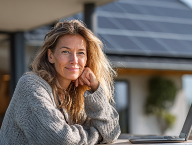 Frau mit lockigem Haar sitzt lächelnd an einem Tisch neben einem Laptop, im Hintergrund ein Haus mit Solarpanelen.