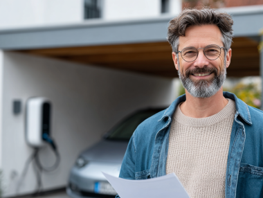 Mann mit Brille und Bart hält ein Papier in der Hand, steht vor einem Elektroauto und einer Ladestation.
