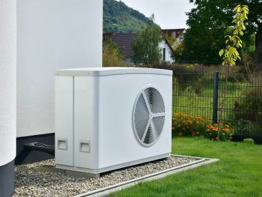 Wärmepumpe mit Ventilator auf einem Gartenboden neben einem weißen Gebäude.