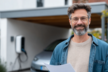Mann mit Brille und Bart hält ein Papier in der Hand, steht vor einem Elektroauto und einer Ladestation.