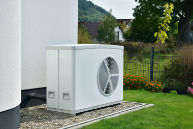 Wärmepumpe mit Ventilator auf einem Gartenboden neben einem weißen Gebäude.