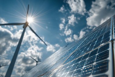 Solarpanels im Vordergrund, Windrad im Hintergrund, strahlende Sonne und bewölkter Himmel.