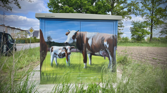 Gemalter Verteilerkasten mit einer Kuh und ihrem Kalb auf grüner Wiese unter blauen Himmel.