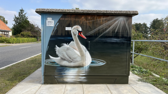 Graffiti eines Schwans auf einem grauen Stromkasten vor einer Straße und Grünflächen.