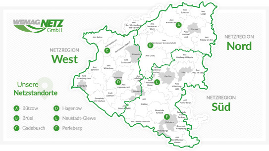 Karte von Netzregionen der WEMAG NETZ GmbH mit Standorten in Nord, West und Süd.