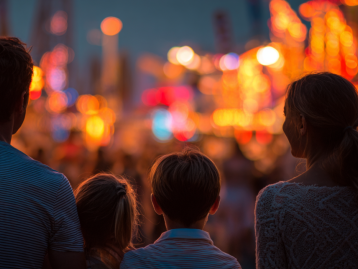 Familie blickt auf ein bunt erleuchtetes Fest mit zahlreichen Lichtern und Menschen im Hintergrund.