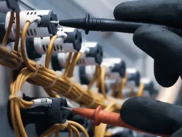 Hand mit Prüfspitzen testet elektrische Anschlüsse und Kabel in einer Schaltanordnung.