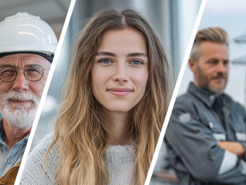 Drei Porträts von Fachkräften: ältere Person mit Helm, junge Frau mit langen Haaren, Mann in Arbeitskleidung.