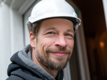 Mann mit Bauhelm lächelt vor einer Tür, trägt grauen Hoodie und hat einen Bart.