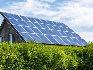 Dach mit Solarpanelen und grüner Hecke unter blauen Himmel.