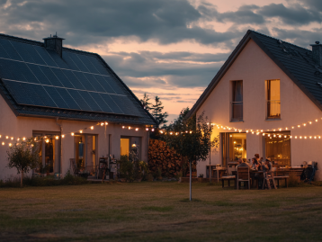 Energy Sharing in der Nachbarschaft: Zwei Häuser - eins mit Solar, das andere ohne - stehen nebeneinander. Eine Lichterkette verbindet die Häuser symbolisch. 
