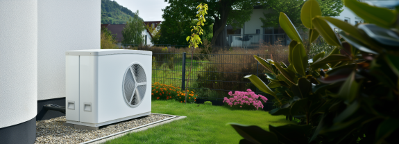Wärmepumpe mit Ventilator auf einem Gartenboden neben einem weißen Gebäude.