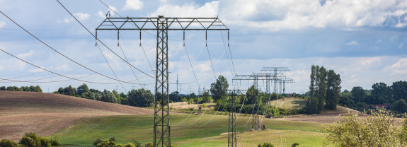 Hochspannungsleitungen über grüne Felder und Wiesen unter einem bewölkten Himmel.