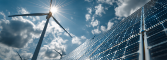 Solarpanels im Vordergrund, Windrad im Hintergrund, strahlende Sonne und bewölkter Himmel.