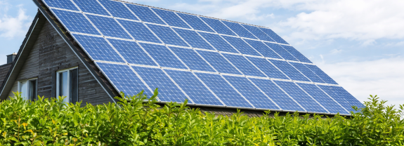 Dach mit Solarpanelen und grüner Hecke unter blauen Himmel.