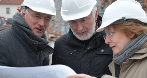 Drei Personen mit Helmen betrachten gemeinsam einen Bauplan auf einer Baustelle.