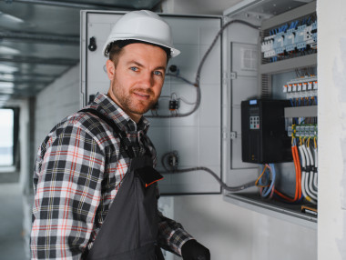 Ein Elektriker mit weißem Schutzhelm und Arbeitskleidung steht vor einem geöffneten Schaltschrank und arbeitet an elektrischen Komponenten; Kabel und Sicherungen sind sichtbar