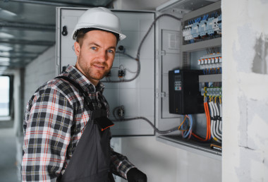 Ein Elektriker mit weißem Schutzhelm und Arbeitskleidung steht vor einem geöffneten Schaltschrank und arbeitet an elektrischen Komponenten; Kabel und Sicherungen sind sichtbar