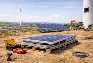 Solarpanels liegen auf Paletten in einem Baugebiet mit Windkraftanlage und Baumaschinen im Hintergrund.