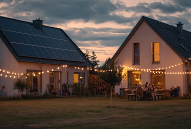 Energy Sharing in der Nachbarschaft: Zwei Häuser - eins mit Solar, das andere ohne - stehen nebeneinander. Eine Lichterkette verbindet die Häuser symbolisch. 