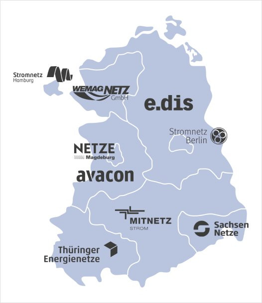 Kartenübersicht der Stromnetze in Deutschland mit Anbieter-Logos
