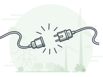 Zwei elektrische Stecker, die getrennt sind, mit Lichtblitzen um sie herum und einer sanften Hintergrundlandschaft.