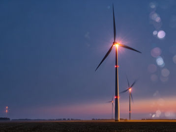 Windräder stehen bei Dämmerung auf einem Feld, mit Lichtern an den Rotoren und sanften Farbverläufen im Himmel.