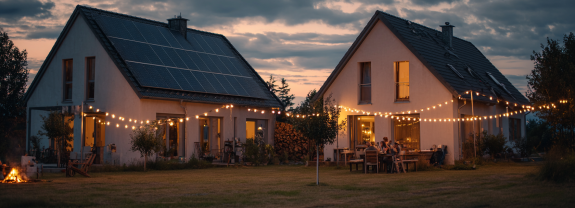 Energy Sharing in der Nachbarschaft: Zwei Häuser - eins mit Solar, das andere ohne - stehen nebeneinander. Eine Lichterkette verbindet die Häuser symbolisch. 